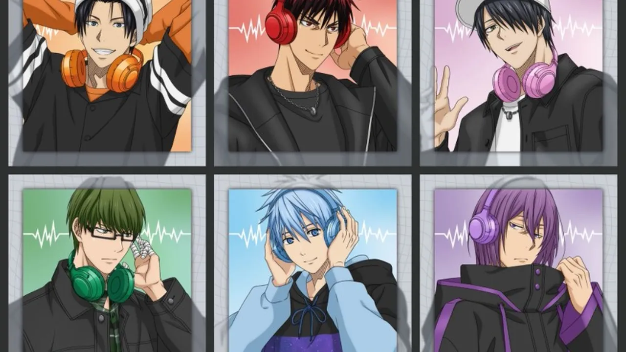 Kuroko's Basketball x Tower Records pop-up shop merchandise featuring characters with headphones