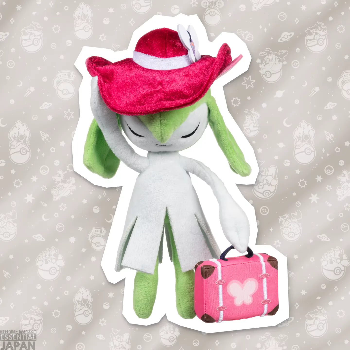 Peluche Kirlia PokémonXP 2026 avec grand chapeau, charme Papilusion et sac